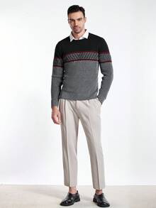 Manfinity CityGents Sweater Rajut Lengan Panjang Leher Bulat Warna-warni Modis untuk Pria, Model Terbaru, Musim Gugur/Dingin - Dark Grey - View 3