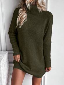 SHEIN LUNE Women's Fashionable Casual Turtleneck Short Sweater Dress - Green - View 7