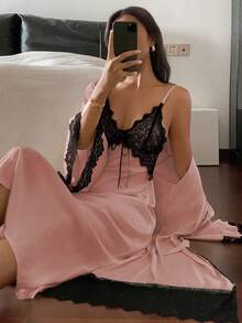 DAZY Conjunto de pijama para mujer: Bata con cinturón de encaje de color contrastante y camisón de dormir de otoño e invierno - Rosa vieja - Ver 3
