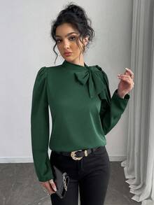 Rafferiza Áo cánh tay bồng cổ thắt nơ thanh lịch đa năng màu trơn dành cho nữ - màu xanh lá - Xem 4