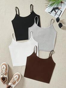 SHEIN EZwear 4 件套女式紧身短款休闲背心，颜色有黑色、棕色、花灰色、白色 - 彩色 - 查看 3