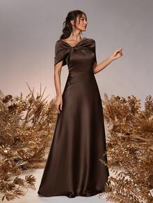 SHEIN Belle 女士优雅浪漫灰绿色缎面露肩扭结不对称蝴蝶结 A 字正式伴娘礼服，适合婚礼活动