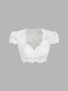 SHEIN Frenchy 女式蕾丝边短袖上衣，配有鸡心领和褶皱设计，慕尼黑啤酒节连衣裙，慕尼黑啤酒节布料，白色上衣