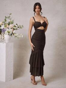 L'Amorae 花朵褶饰鱼尾下摆镂空连衣裙 - 棕色 - 查看 3