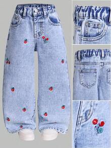 Sparklyn 女童浅蓝色樱桃刺绣牛仔裤，高腰宽松直筒休闲裤，时尚贴身，适合度假和休闲外出 - 淺色水洗藍 - 查看 2