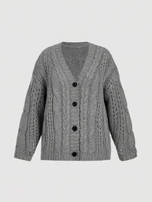 SHEIN MOD Plus Size V-Neck Loose Knit Cardigan, Gray,Christmas Retro Warm Knitted Jacket Autumn Winter Clothes For Women - Grey - View 3