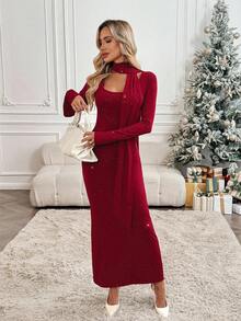 SHEIN LUNE Elegant Burgundy Red Turtleneck Long Sleeve Bodycon Dress,Autumn Christmas Midi Dress For Bar Party,New Year Valentine's Day Luxury Dress - Red - View 3