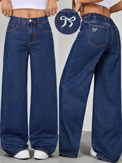 SHEIN Teen Girl Y2K Solid Washed High Waist Bowknot Flowers Embroidered Pocketed Cute Casual Baggy Jeans Straight Leg Jeans, Fall Winter Back To School Homecoming Jeans,Pants Streetwear Vintage,Comfortable And Versatile, For 13-16 Years Old, Suitable For School, Home And Travel,Fall Winter Wide Leg Jeans