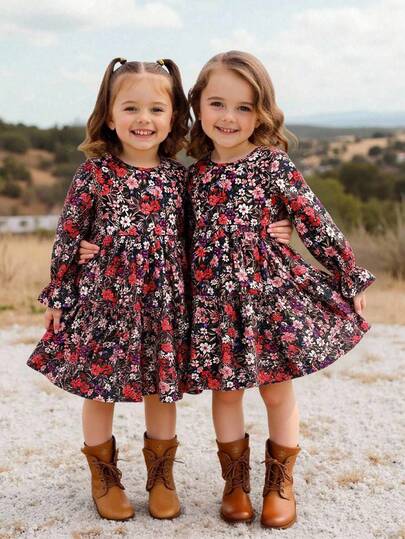 SHEIN Young Girl Floral Print Round Neck Long Sleeve Ruffle Hem Casual Dress Girls Twirl Dress Girls Fall Dresses Girls Spring Autumn Dress Autumn Dress Kids Little Girl Floral Long Sleeve Dress