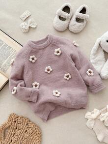 Blossori Young Girls' French Elegant 3D Floral Pullover Sweater Autumn Winter Clothes ForGirln - Purple - View 1