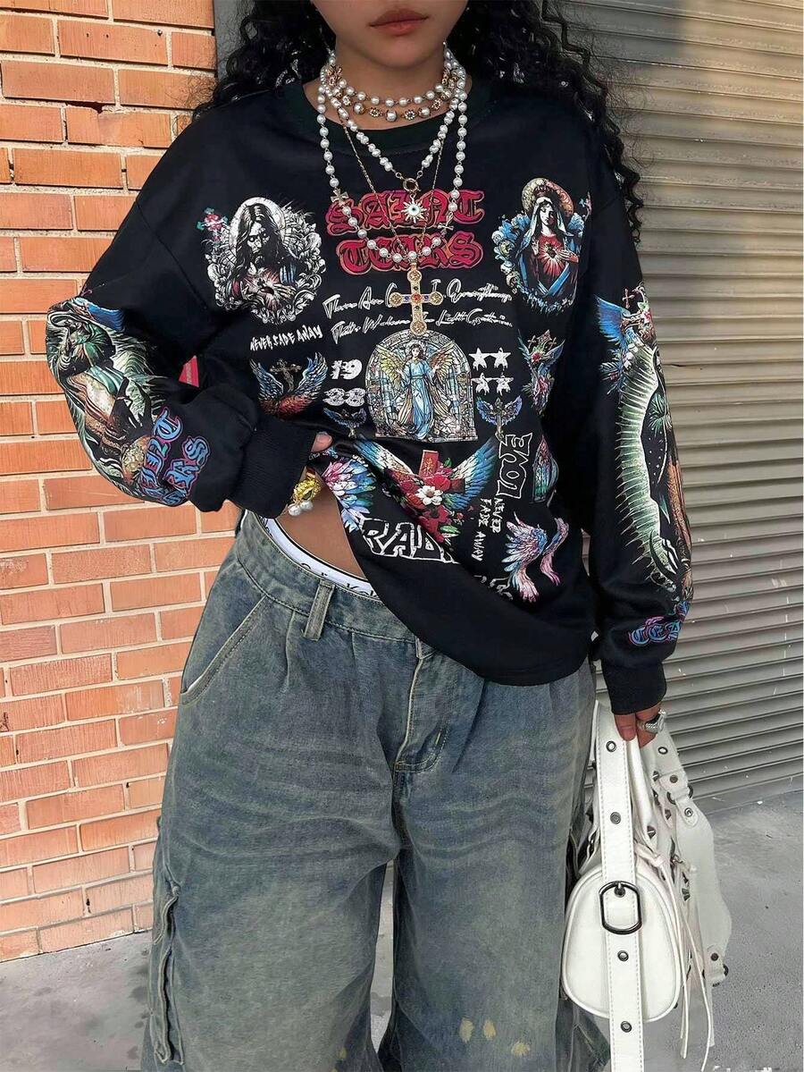Rovax 女式字母印花常规宽松圆领长袖运动衫 - 彩色 - 查看 1