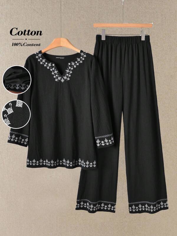 Rusticease Women's Geometric Pattern V-Neck Blouse And Wide Leg Pants Casual 2 Pieces Set Autumn Winter Women  Black Setup Autumn Winter Women Women's Winter Clothes