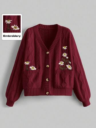 Fairycore Damen Lässig Cardigan mit floraler Stickerei und Knopfverschluss, Herbst/Winter