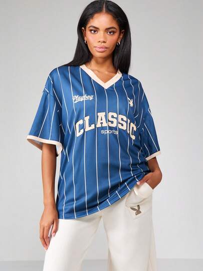 Missguided x Playboy Varsity Style Baseball Jersey Oversized Striped T-Shirt With Number Print Classic Sports Inspired Design And Retro Collegiate Look