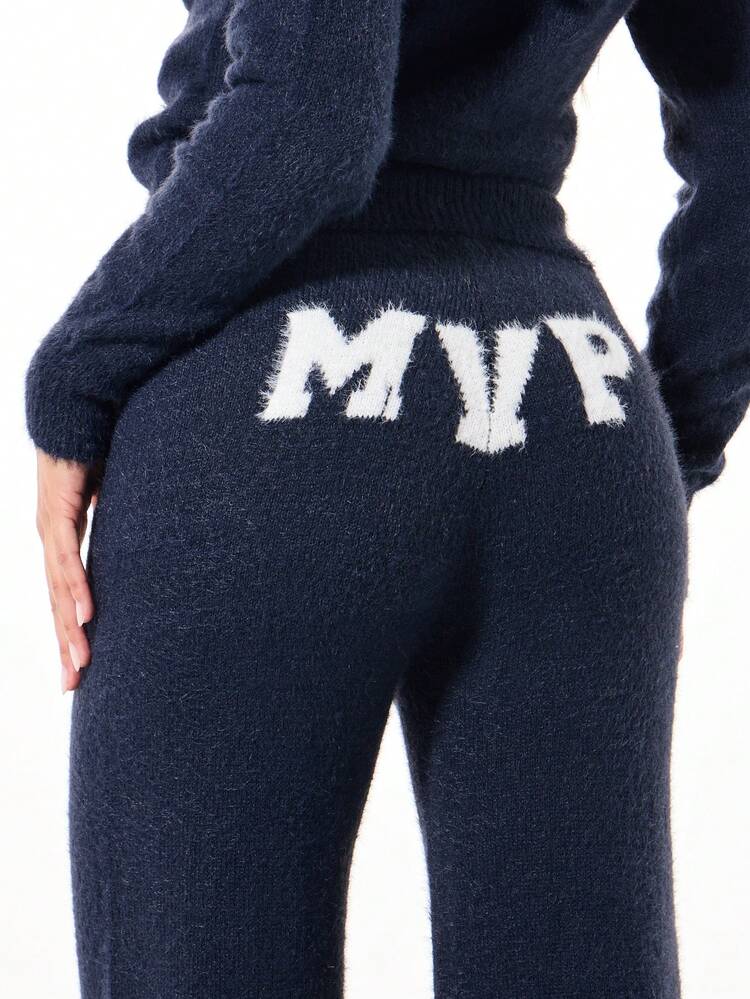 SUMWON WOMEN Navy Knit Pants With Fuzzy Leg Warmers And Logo Print