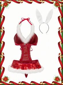 2件套圣诞兔女郎缎面连体衣奇幻服装，暗黑浪漫 - 紅色 - 查看 5