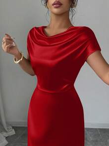 Rafferiza 女士优雅约会/通勤高领系带缎面短袖连衣裙 - 紅色 - 查看 3