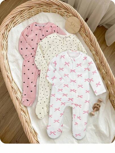 SHEIN Newborn Comfortable All-In-One Printed Bodysuit Set Newborn Clothes Unisex Gender Neutral Newborn Clothes Newborn Footed Pajamas Baby Cotton Pajamas Newborn  Clothes