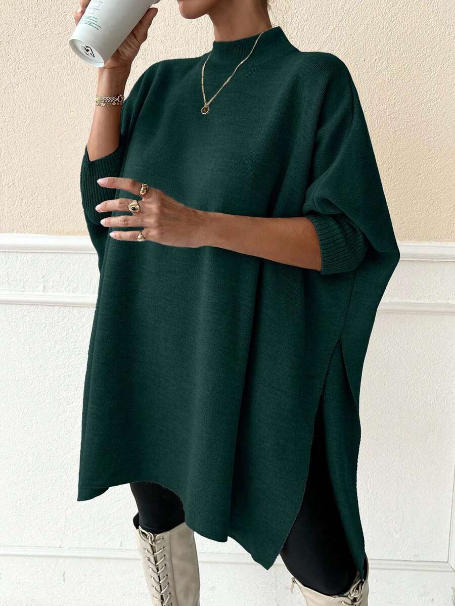 Women Solid Color Mock Neck Half Sleeve Oversize Pullover - Dark Green - View 1