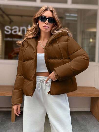 EURMUSE Ladies Hooded Zip Up Two Pocket Puffer Winter Coat