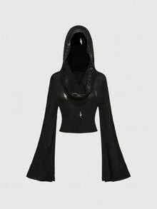 ROMWE Áo len dệt kim tay loe ngắn thêu họa tiết phong cách Gothic Boho dành cho nữ - màu đen - Xem 6