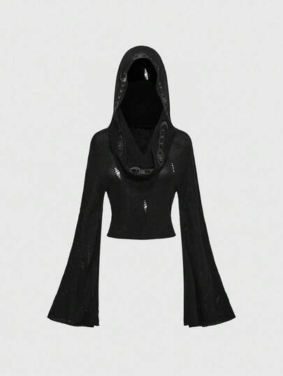 Goth Gothic Boho Style Embroidered Hooded Cropped Flare Sleeve Women Knit Sweater