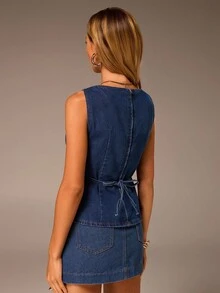 Avantive Áo denim không tay họa tiết jacquard màu xanh dương dành cho nữ, áo nữ dự tiệc, áo denim kiểu cao bồi, áo kiểu miền Tây, áo màu xanh hoàng gia dành cho nữ. - Màu xanh lam - Xem 2