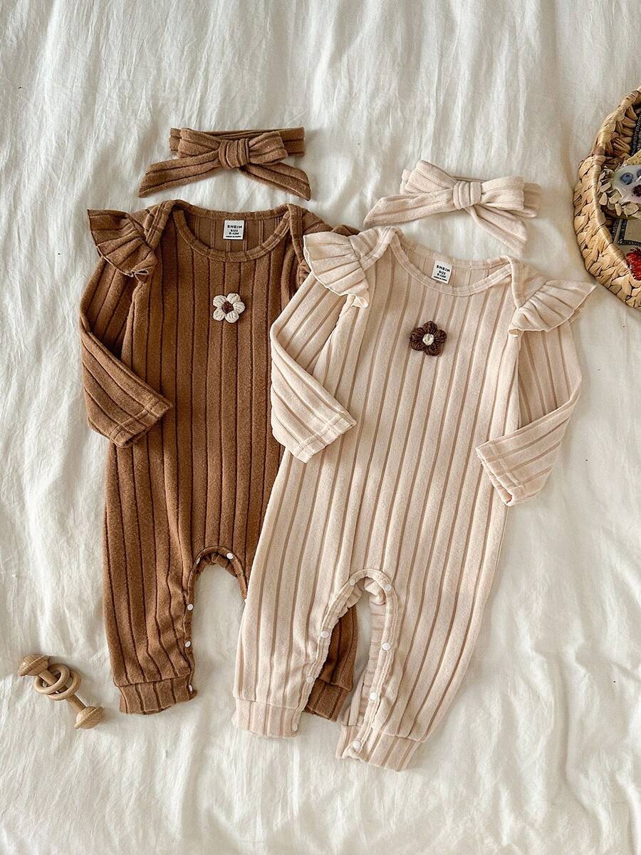 SHEIN 2pcs Baby Girls' Cute Ribbed Jumpsuit With 3D Floral Decor, Versatile For Autumn/Winter