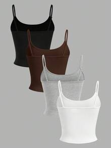 SHEIN EZwear 4 件套女式紧身短款休闲背心，颜色有黑色、棕色、花灰色、白色 - 彩色 - 查看 2