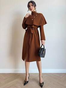 Firerie Women's Elegant, Refined, Dignified Daily, Street Fashion, Commute, Teacher Cape-Style With Belt, Metal Button Decor A-Line Mid-Length Camel Regular Coat, Autumn Winter For Women Coffee Brown French Style - Camel - View 6