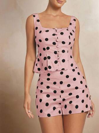 L'Amorae Women Brown Polka Dot Linen Fitted Shorts Vintage