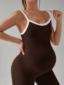 SHEIN Maternity Contrast Color Casual Sports Jumpsuit Pants - Coffee Brown - View 4