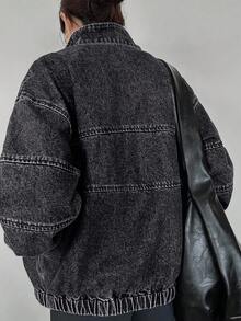 FRIFUL 女式休闲水洗宽松拉链立领牛仔夹克，秋季 - 黑色 - 查看 3