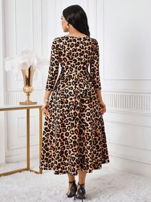 SHEIN Lady 女式豹纹七分袖褶皱优雅连衣裙 - 彩色 - 查看 2