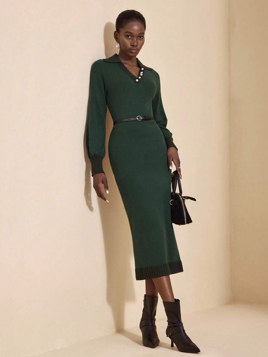JIAN LASALA 翻领纽扣灯笼长袖优雅毛衣中长连衣裙 女士秋冬装 女士中长连衣裙 带袖中长连衣裙 绿色优雅连衣裙 女士绿色中长连衣裙 绿色连衣裙 奢华时尚服装系列 - 綠色 - 查看 1