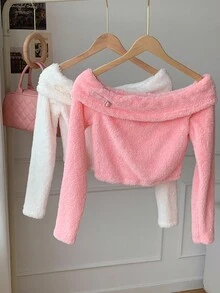 Comfortcana Women's Casual Fluffy Off Shoulder Long Sleeve T-Shirt, Autumn/Winter