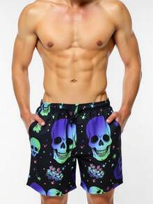 Manfinity KASUA Men's Summer Vacation Reflective Skull, Star, Floral Print Drawstring Waist Slant Pocket Beach Shorts