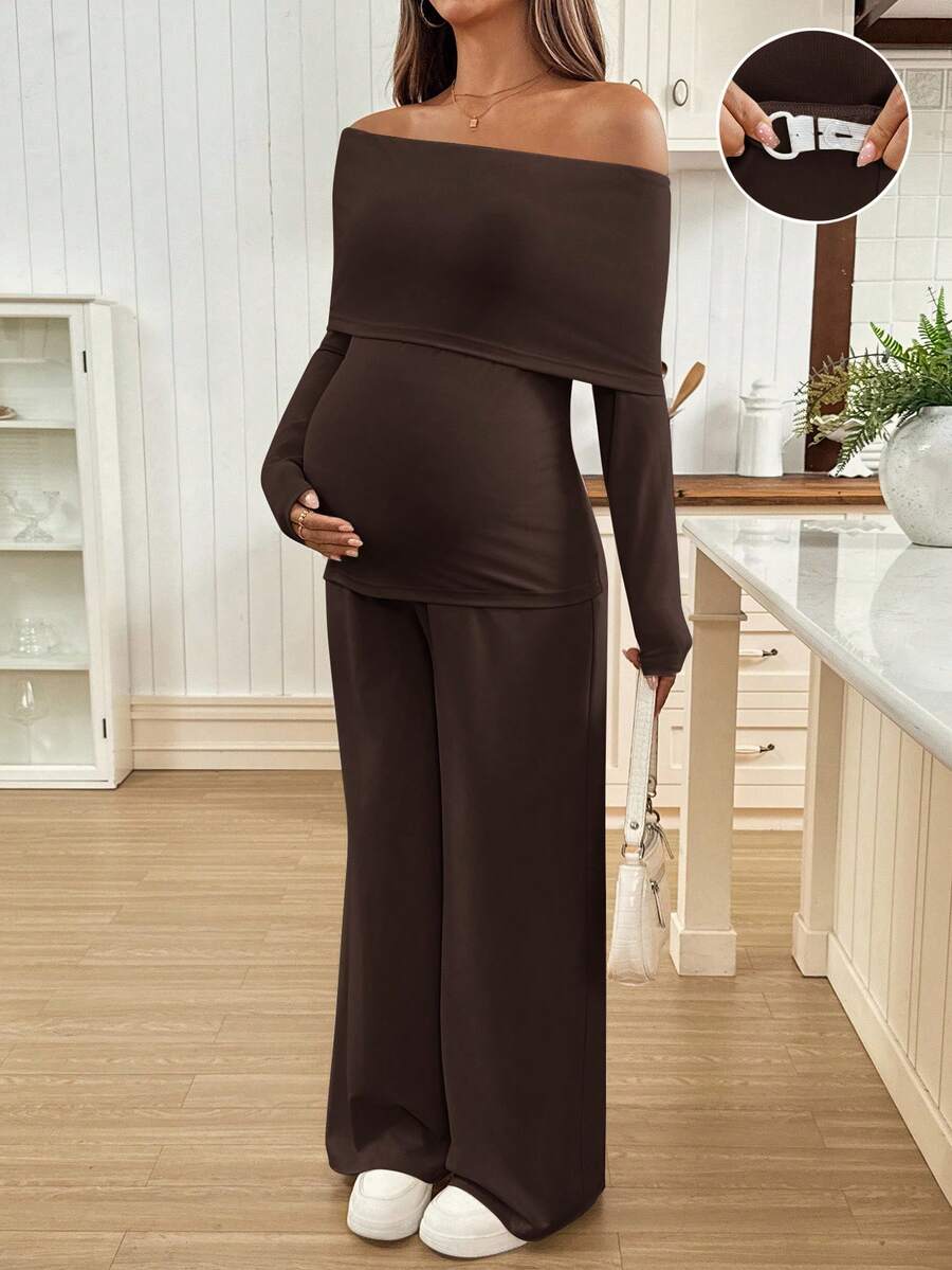 SHEIN 2pcs Maternity Set: Solid Color Fitted Long Sleeve Top And Wide Leg Pants - Brown - View 1