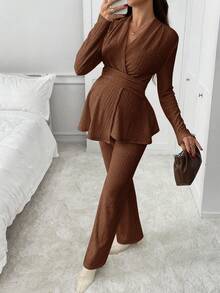 SHEIN 2件套孕妇休闲纯色长袖上衣和裤子套装 - 棕色 - 查看 5