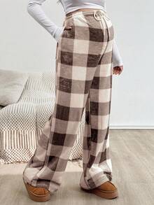 SHEIN Karierte Umstandshose mit Bindeband und Taschen für Schwangere, Herbst/Winter - Schokoladenbraun - Übersicht 5