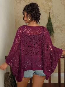 Travachic 秋冬大码纯色镂空针织圆领毛衣 - 酒紅色 - 查看 2