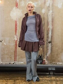 COUREZ Ruched Zip Up Nylon Coat, Y2K  Going Out Spring Chic Streetwear Casual Festivals Coat - Brown - View 2