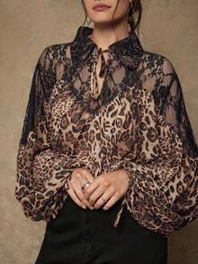 Freevana Áo cánh tay dài trong suốt phối ren họa tiết da báo dành cho nữ - Cà phê nâu - Xem 1