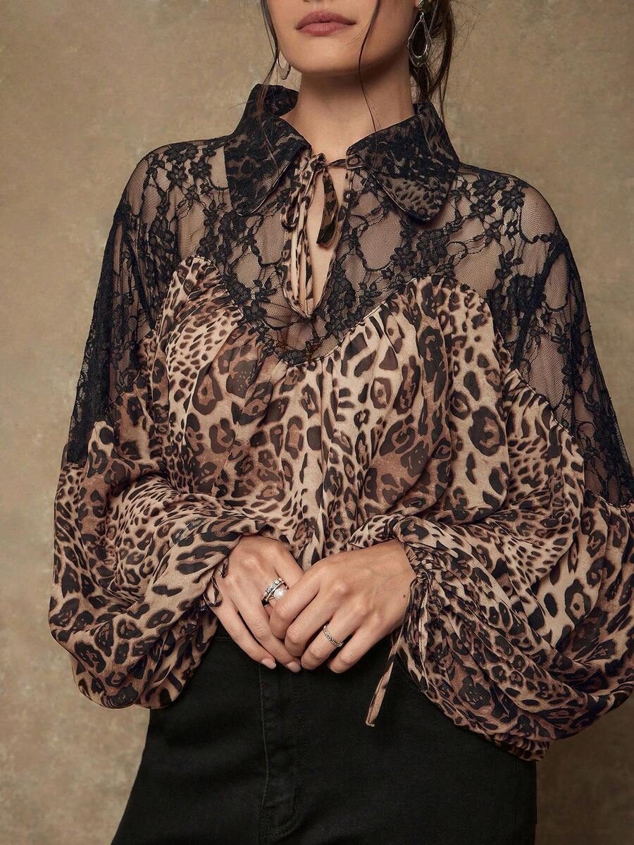 Freevana Áo cánh tay dài trong suốt phối ren họa tiết da báo dành cho nữ - Cà phê nâu - Xem 1