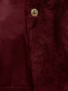 Franclia 女式休闲前扣双口袋仿皮草夹克，秋冬 - 酒紅色 - 查看 4