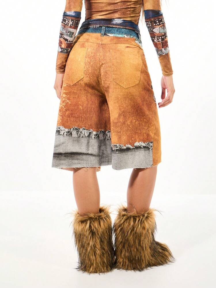 SUMWON WOMEN Belt Print Denim Longline Wide Leg Jorts With Distressed Hem