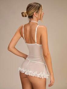 Enchnt Bộ 2 váy ngủ ren lưới gợi cảm lãng mạn cho cô dâu khi đi chơi - trắng - Xem 7