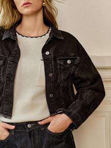 Écloséra 素色毛邊下擺落肩牛仔夾克 - 黑色 - 查看 3