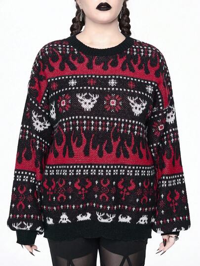 Goth Christmas Plus Size Gothic Skull & Flame Print Loose Fit Knit Pullover Sweater, Autumn/Winter