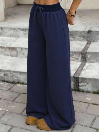 SHEIN Serisse Kids Tween Girls Daily Wear Outfits Casual Basic 100%Cotton Elastic Waistband White Pants, Wide Leg Pants, Back To School Navy Blue Pants Navy Blue Wide-Leg Pants Loose Pants Navy Pants